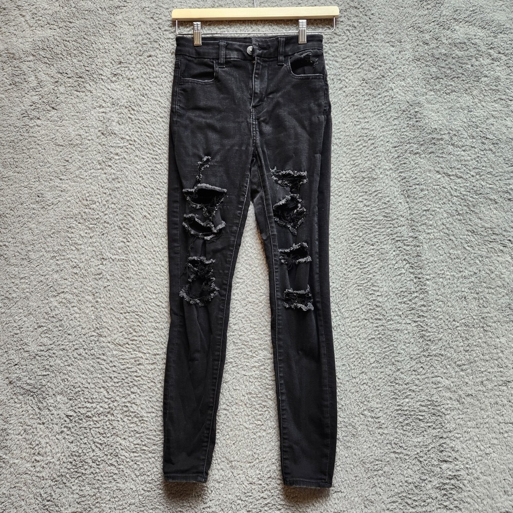 American Eagle Jeggings Women's 0 (Fits 24x28) Black Distressed Stretch Festival